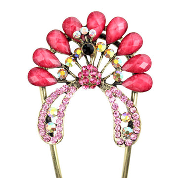 Czech Rhinestone 2-Prong Hair Stick Fork Peacock